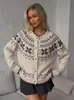 Suéter Fair Isle Transfronteiriço Feminino Outono Inverno Cor Retro Bloco de Cores Jacquard Solto Versátil Manga Longa Cardigan de Tricô Peça de Sobrepor Feminina