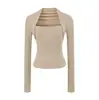 Camiseta de Manga Longa Estilo Americano Ombro a Ombro Falsa Peça Dupla Ombro Normal para Mulheres Primavera e Outono Afinando Cintura Ajustada Camiseta Básica Pura Desejo ins