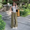 Yechuan # Calça Casual Wide Leg Verde Militar, Novo Estilo de Verão, Calça Versátil de Cintura Alta, Corte Reto Soltinho, Comprimento no Chão.