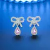 Nuevos pendientes de tachuela con forma de lazo y gota, los mismos que los de las celebridades de Internet, para mujer, con súper temperamento de hada, pendientes de diamante rosa, joyería para el oído, entrega de una pieza