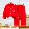 Ropa de Otoño para Año Nuevo y Pantalones Largos Traje de Algodón Puro Pijamas para Niños Cárdigan Año del Zodiaco Rojo Mediano y Grande Ropa Interior de Otoño e Invierno para Niños