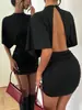 Vestido preto de gola alta, manga morcego, costas abertas, com cintura plissada e design bodycon para mulheres, importado da Europa e América, 2026