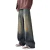 Jeans para Hombre Transfronterizos Sudeste Asiático Estilo Caliente Lavados de Pierna Ancha Hombres Retro Desgastados Sueltos de Pierna Recta
