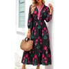 Comercio exterior transfronterizo diseño europeo y americano festivo dulce temperamento cuello en V corte ajustado empalmado manga media vestido largo estampado