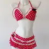 Biquíni Dividido Cereja Novo 2025 Conjunto de Três Peças Estilo Ins Menina Pura Lust Menina Fofa Roupa de Banho para Férias na Praia