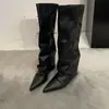 Edição de Moda~Botas longas de camurça bico fino estilo retrô, novas botas slim-fit outono e inverno 2026, botas da moda estilo Maillard