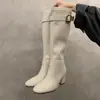 Botas elásticas de moda hasta la rodilla Botas de caballero retro Estilo británico Tacón grueso Tacón alto Botas largas que aumentan la altura Botas largas con hebilla de cinturón