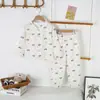 Pijama feminino verão roupas casuais para casa meninos conjunto de cardigã infantil fofo roupas para crianças pequenas e médias estudantes roupas para ar condicionado