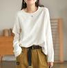 Camiseta de Algodón y Lino para Primavera y Otoño para Mujer, Color Sólido, Jacquard, Holgada, Slim, Cuello Redondo, Jersey Casual Fácil de Combinar, Manga Larga, Top Interior