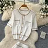 Conjunto de Dos Piezas de Punto Estilo Francés Inspirado en Chanel para Mujer, Verano Manga Corta Sencillo Casual Elegante Atuendo que Alarga la Figura