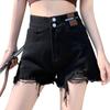 Shorts de mezclilla con doble hebilla para mujer, celebridad de internet, cintura alta, verano, diseño holgado, marca de cuero, negros, pierna ancha A, borde, pantalones cortos hot