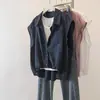 Chaleco de mujer talla grande azul marino sin mangas con retazos, estilo dos piezas falso, camisa corta versátil casual estilo coreano de verano, estilo delgado