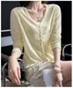 Cárdigan de lino con cuello en V hueco para protección solar para mujer, top de punto fino de manga larga de verano, nueva ropa transpirable con protección solar