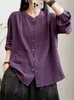 Otoño Nuevo Vintage Color Sólido Cuello Redondo Versátil Suave Algodón Camisa Corte Holgado Ocultando Botones Blusa Venta al por Mayor
