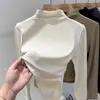 Camiseta de manga larga con cuello semi-alto de terciopelo acanalado cálida ajustada de temperamento para mujer, camiseta básica de otoño e invierno al por mayor transfronteriza