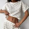Pijama de verano europeo y americano de crepé puro de algodón con estampado de amor fino para mujer, conjunto de dos piezas con pantalones cortos con abertura y manga corta
