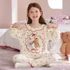 Pijama de Algodón Nube para Niñas, Primavera, Verano, Otoño 2026, Tallas Pequeña, Mediana y Grande, Cuello Redondo, Manga Larga, Conjunto de Ropa de Casa con Dibujos Animados para Usar al Aire Libre