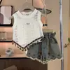 Conjunto Estilo Boêmio para Meninas 2026 Novo Modelo: Conjunto de Três Peças com Colete de Férias, Blusa Regata e Shorts Jeans para Meninas Grandes