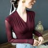 Top Zou plisado de cuello bajo, nuevo otoño e invierno, camisa interior de malla con camisa pequeña de estilo occidental, temperamento europeo, manga larga