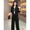 Traje Deportivo de Moda Primavera 2025 Nuevo Cárdigan Corto Negro Top de Manga Larga Rejuvenecedor Conjunto de Dos Piezas para Mujer
