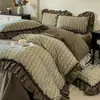 Conjunto de cuatro piezas de algodón lavado de lino estilo princesa retro francés para otoño e invierno, nueva funda de edredón de encaje, sábana, sábana bajera, ropa de cama