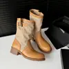 Botas vaqueras de moda y únicas con hebilla ajustable y bloques de color, otoño e invierno 2026, tacón medio grueso, punta redonda, piel genuina, botas de media caña para mujer
