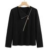 Top de Algodón con Cremallera Oblicua, Mangas Largas, Cuello Semi-Alto Giratorio, Camiseta Base para Vestir por Fuera, Camiseta de Manga Larga, Corte Ajustado, Coreano 6965-1