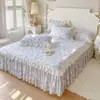 Lençol de Elástico Fresco Pastoral Saia de Cama Duas em Um Peça Única Acolchoada Universal Quatro Estações com Colcha Franzida Conjunto de Três Peças