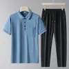 Nuevo Traje Deportivo Casual de Verano para Hombres de Mediana Edad y Mayores, Camisa Polo de Manga Corta, Conjunto de Dos Piezas Papá, Pantalones Largos de Seda Helada