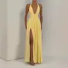 Vestido de Gola Alta com Decote em V Profundo Estilo Europeu e Americano para Mulheres, Vestido de Verão, Ajuste ao Corpo, Emagrecedor, Longo com Fenda, Elegante e Gracioso