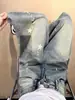 Jeans cropped rasgados con estampado de estrellas retro americano para mujer, pantalones de verano de cintura alta hasta la rodilla de longitud media, shorts de pierna ancha de seis puntos