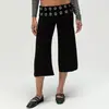 Calça jeans casual de cintura baixa cropped com cós largo, ilhós metálicos duplos, estilo punk Y2K europeu e americano, fivela prateada, perna larga levemente flare, comprimento médio
