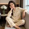 Pijama Simples de Seda Gelada para Mulheres Primavera e Outono Manga Longa Calça Longa Confortável Conjunto para Casa