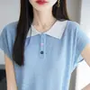 Camiseta de Punto para Mujer de Verano Nueva con Textura de Lino, Color de Contraste, Cuello Polo, Manga Corta, Holgada, Adelgazante, Manga de Murciélago Delgada