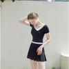 Traje de Baño Simple Nuevo de Una Pieza con Falda para Mujer, Parcheado Blanco y Negro, Falda Conservadora Cubre Carne para Vacaciones de Playa, Traje de Baño para Aguas Termales