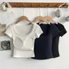 3612 Camiseta Versátil Estilo Puro Desejo de Verão com Acabamento em Renda, Gola Quadrada, Expondo a Clavícula, Manga Curta Justa Top Feminino