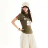 Camiseta de Verano con Estilo Retro Deportivo Nueva Tendencia Cuello Redondo Mangas Raglán Cortas para Mujer Verano Hombro Normal Corte Ajustado Estilo Chica Popular