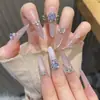 Adesivos de Unha Longos Feitos à Mão com Laço 3D, Bolinhas e Olho de Gato, Peças de Nail Art Usáveis