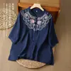 Nueva Camisa de Algodón y Lino Bordada Retro China para Mujer Verano Nueva Artística Manga de Cinco Puntos Delgada Transpirable Top