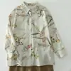 Foto real, em estoque, nova camisa estampada estilo chinês para mulheres, camisa artística retrô de corte solto, camisa de outono com mangas compridas