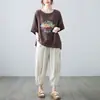 Foto Real de Camiseta Artística de Algodón y Lino de Nuevo Estilo para Verano 2026 para Mujer, Manga Corta, Tallas Grandes, Top Holgado Estampado