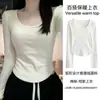 Camiseta de Fleece Espesso com Gola Quadrada e Manga Longa para Outono e Inverno do TikTok para Mulheres, Tamanho Grande, Modelagem Slim, Quente, Versátil, Camada Base