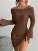 2026 Vestido de Punto de Color Sólido de Hombros Descubiertos, Cintura Ajustada, Casual Versátil de Moda, Exportación Estilo Americano Transfronterizo