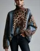 Suéter de malha com estampa de leopardo, estilo casual transfronteiriço europeu e americano para mulheres, outono e inverno, espessado, caimento solto, plus size, blusa patchwork para mulheres