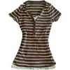 Blusa de encaje para mujer, corte ajustado, retro Harajuku, venta al por mayor, retazos, manga corta, elegante, para ir al trabajo, Y2K, estampada, con rayas