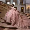 Vestido de Gala Nuevo Transfronterizo Hombros Descubiertos Un Hombro para Quinceañera con Lentejuelas, Perlas, Apliques y Falda Grande con Cola