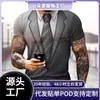 Impresión Digital 3D Moda de Verano Divertida Traje Falso Camiseta con Impresión 3D Camiseta con Pajarita Estilo Calle para Hombre Manga Corta