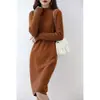 Vestido de Punto para Mujer de Lana 100% Ajustado, Manga Acanalada, Cuello Semi-Alto, Color Sólido, Novedad Otoño e Invierno
