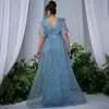 2026 Novo Vestido Azul Elegante Longo até o Chão de Chiffon com Gola Redonda