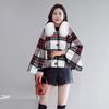 Poncho Jacket de Lana a Cuadros Adelgazante Holgado Nuevo Coreano Otoño e Invierno con Cuello de Lana Moda
